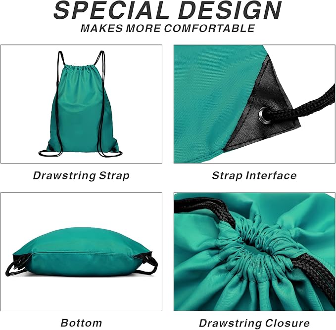 Drawstring Backpack Sports Water Resistant String Bag Sport Gym Sackpack for Women Men Students Large Size with Zipper, Teal