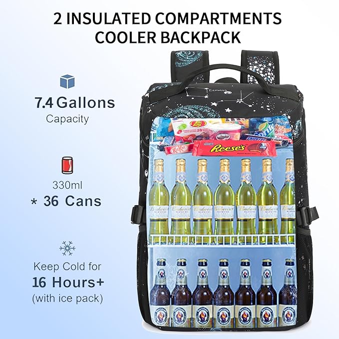 Kalesi Cooler Backpack 36 Cans Lightweight Insulated Backpack Cooler Leak-Proof Travel Camping Lunch Backpack Outdoor Cutlery Backpack for Men and Women