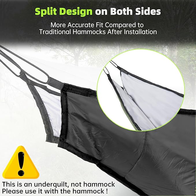 Hammock Underquilt for Camping Hammock - Black - Full Length Camping Quilt for Lightweight Soft Warm 3-4 Seasons 41-68°F, for Hiking Backpacking Traveling Beach (Hold Up to 500lbs)