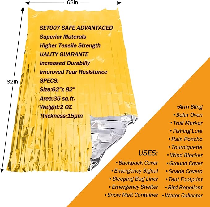 5-Pack Emergency Mylar Thermal Blankets, 82"x62" Space Blankets Foil Blanket, XL Camping Blanket for Outdoors, Hiking, Survival kit, Bug Out Bag，Marathons or First Aid, Golden