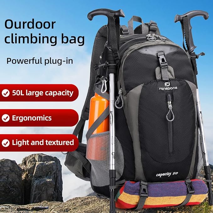 FENGDONG 50L Waterproof Lightweight Expandable Hiking,Camping,Travel Backpack with Shoes Compartment for Men Women Black