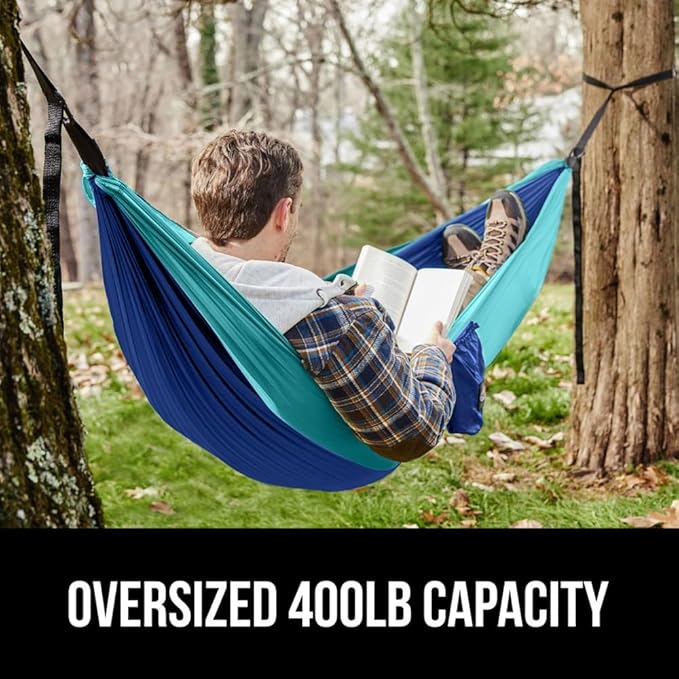 GORILLA GRIP Durable Portable Camping Hammock, Holds 400lbs with Heavy Duty Tree Straps, Comfortable Travel Swing, Camp Hammocks, Easy to Use and Install, Outdoor Essentials, Blue, 9x4.5 FT