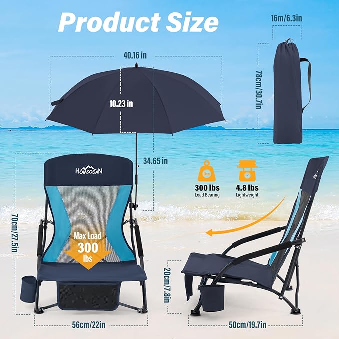 Homcosan Portable Low Folding Beach Chair with Detachable Umbrella - Lightweight Camping Chair for Adults with Cup Holder & Storage Pocket, Carry Bag Included (Navy & Blue)