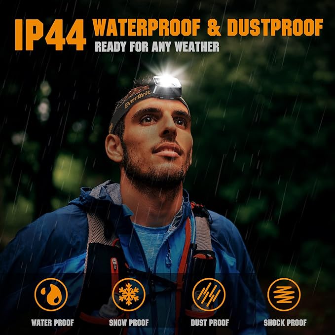 EverBrite Headlamps Rechargeable with Red Light - Outdoor LED Flashlight Head Lamps, Waterproof Dustproof Gear for Hiking Camping Essentials, 2 Pack