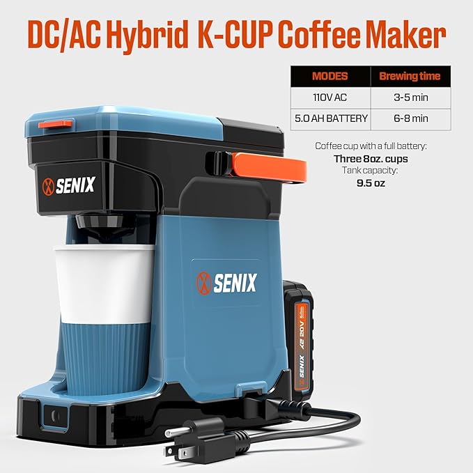 SENIX Coffee Maker Single Serve, Portable, 2-in-1 20V 5.0 Ah Battery, Charger & Power Cord, Compatible with K-Cups, Ground, Pods, 8oz Brew Size - for Travel, Camping, To-Go, Job Site, Home (CMX2-M4)