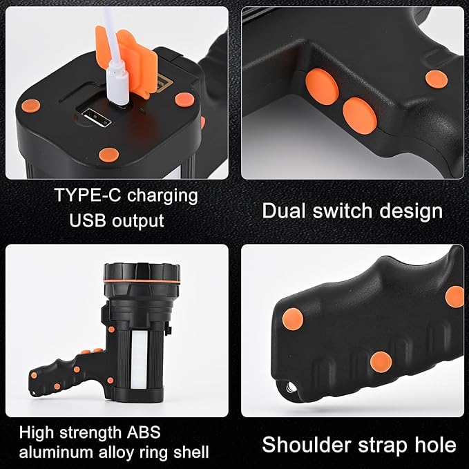 Rechargeable Spotlight Flashlight Water Resistant 8 Hour Runtime LED Super Bright Handheld Searchlight with Shoulder Strap,for During Hurricane Emergency Walking Outages Boating Camping Lantern