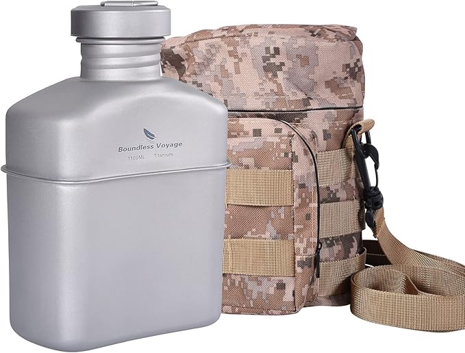 Boundless Voyage 1100ml Titanium Military Canteen Lightweight Camping Water Bottle with Storage Bag, BPA-Free Outdoor Hydration for Hiking, Backpacking & Survival Gear Ti2047C