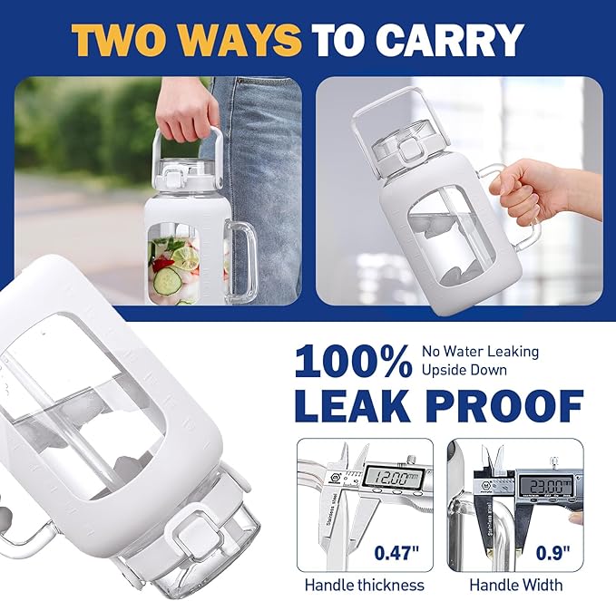 BLUEGO Water Bottle 64 oz Tumbler with Lid and Straw, Glass Water Bottle with Straw, Water Tumbler with Handle Half Gallon Water Jug Large Waterbottle for Daily Water Intake, BPA Free, White