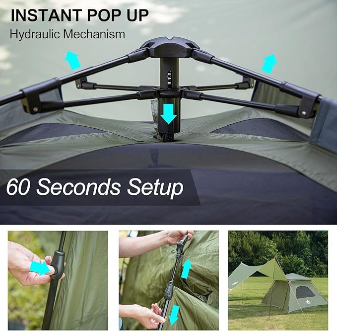 Night Cat Instant Cabin Tent with Canopy Tarp 3 Persons Waterproof Pop Up Tent for Family Camping 2 in 1 Canopy Tent with Porch Automatic Easy Set Up Outdoor