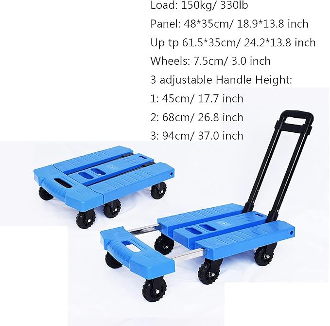 Heavy-Duty Folding Cart with 6 Wheels & Extendable Handle 330 lbs Capacity Hand Truck for Office Home & Travel - Portable Utility Trolley for Easy Transport