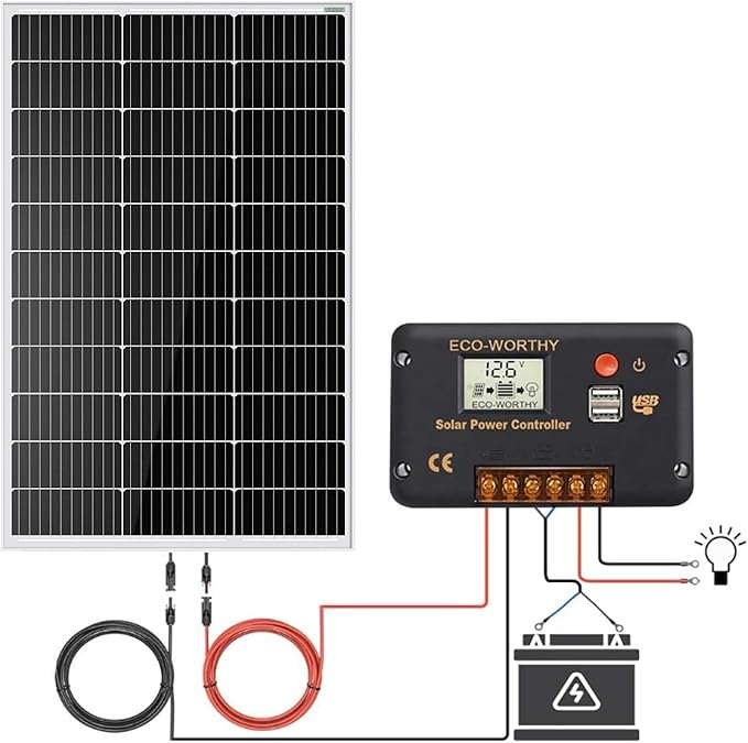 ECO-WORTHY 100 Watt 12 Volt Solar Panel Kit for RV Battery Boat Trailer Cabin Garden Shed Home: 100W Solar Panel+30A PWM Charge Controller+ Tray Cable + Z Mounting Brackets