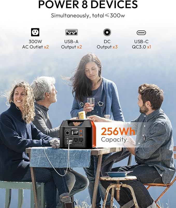 Apowking Portable Power Station 300W Rated(600W Peak), 256Wh LiFePO4 Battery, Solar Powered Power Bank with 2 AC Outlet 110V Pure Sine Wave, Solar Generator for Home Outdoor Camping Emergency