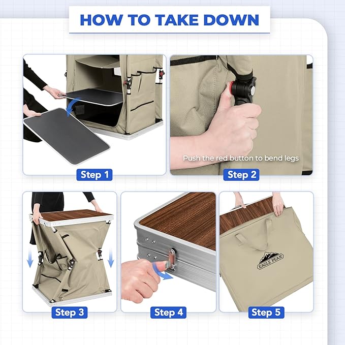 EAGLE PEAK Outdoor Folding Camping Table with Large 3-Tier Storage Organizer and Side Pockets, Easy Set Up Portable Aluminum Camping Kitchen, Beige