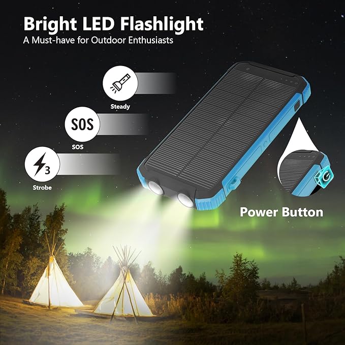 ERRBBIC Solar Charger Power Bank 20000mAh, Portable Wireless Charger, 15W Fast Charging External Battery Pack with Dual Flashlight and USB C Outputs. Outdoor Mobile Power Compatible with Cell Phones
