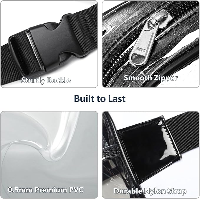 Packism Clear Fanny Pack Stadium Approved - Plus Size 35-51 inches Adjustable Strap Clear Belt Bag for Women Men Transparent Waist Bag for Concerts, Sporting Events, Black