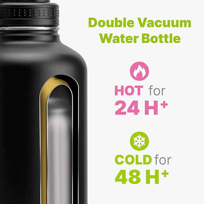 Water Bottle 64 oz Stainless Steel Vacuum Insulated Sports Water Bottle with Spout Lid- Metal Leak Proof Travel Wide Mouth Water Flask (Black)