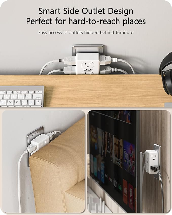 LENCENT 2 to 3 Prong Outlet Adapter, 2 Prong Power Strip, 6 Widely Spaced Outlets Extender, 3-Sided Wall Plug Splitter, 1875W Max, Compact Wall tap for Non-Grounded Outlets in Old House Hotel Dorm