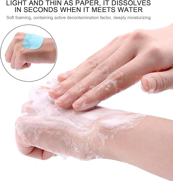 2 Boxes 100Pcs Portable Soap Sheets, Mini Portable Travel Soap Paper Sheets Disposable Water Soluble Hand Washing Bath Scented Paper Soap Camping Hiking and Shampoo for Outdoor(White&Purple)(ZS562)