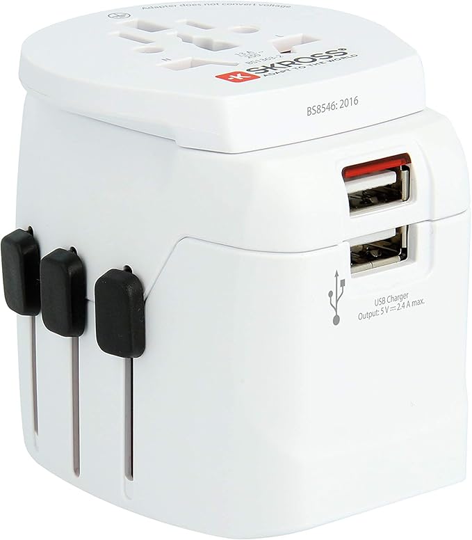 SKROSS Pro Light World Travel Adapter with USB | 3-Pole Travel Adaptor with Slide System | Designed for 200+ Countries | Compact and Reliable | White