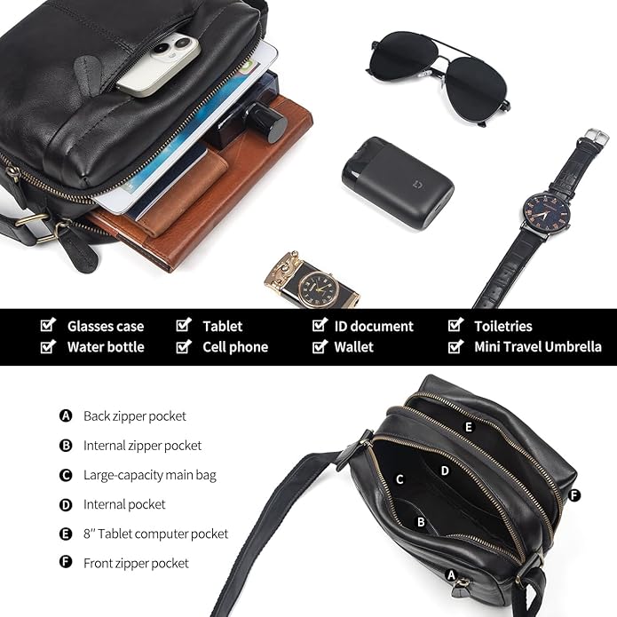 Augus Men's Leather Messenger Bag Shoulder Crossbody Backpack Bags Purse for Women Vintage Anti-Theft Waterproof Casual