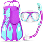 Snorkeling Gear for Kids Ages 5-15, 4 in 1 Mask Fins Snorkel Set with HD Tempered Glass Panoramic View Anti-Fog Mask, Dry Top Snorkel, Adjustable Trek Fins, and Mesh Bag, Kids Snorkel Set for Youth