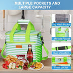 iknoe Large Cooler Bag Collapsible, 15L Insulated Bags, Leakproof Lunch Cooler Tote with Multi-Pockets for Adult, Insulated Lunch Box for Beach, Picnic,Work, Green Stripe 24-Can