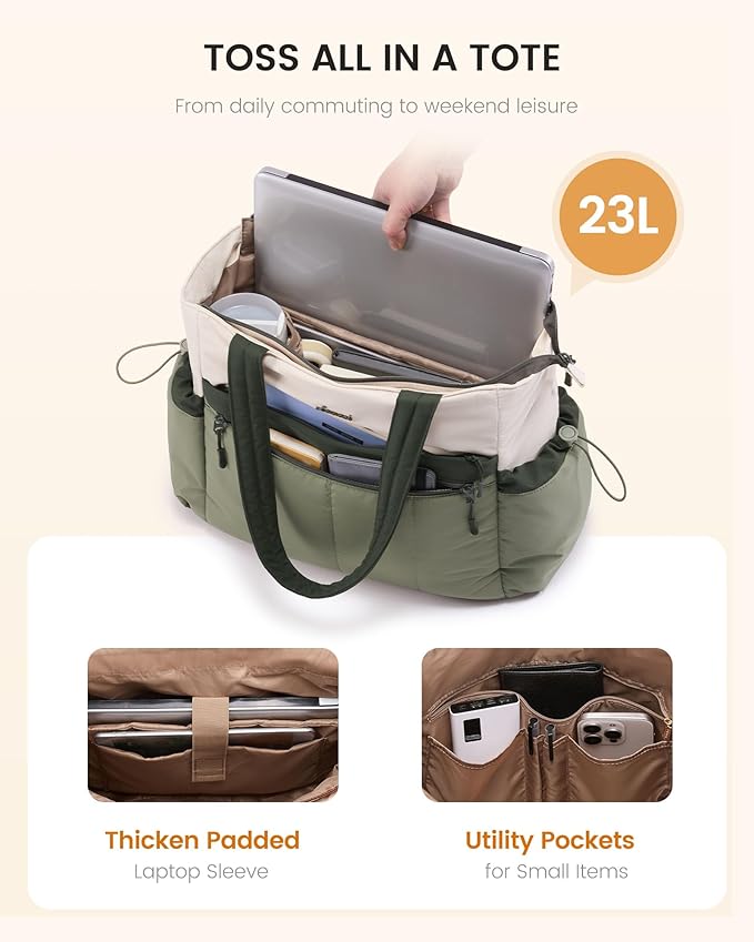 LOVEVOOK Puffer Bag for Women, Ultra-Lightweight Work Tote with Organized Compartments, 15.6/17.3“, Travel Carry-on & Gym Bag