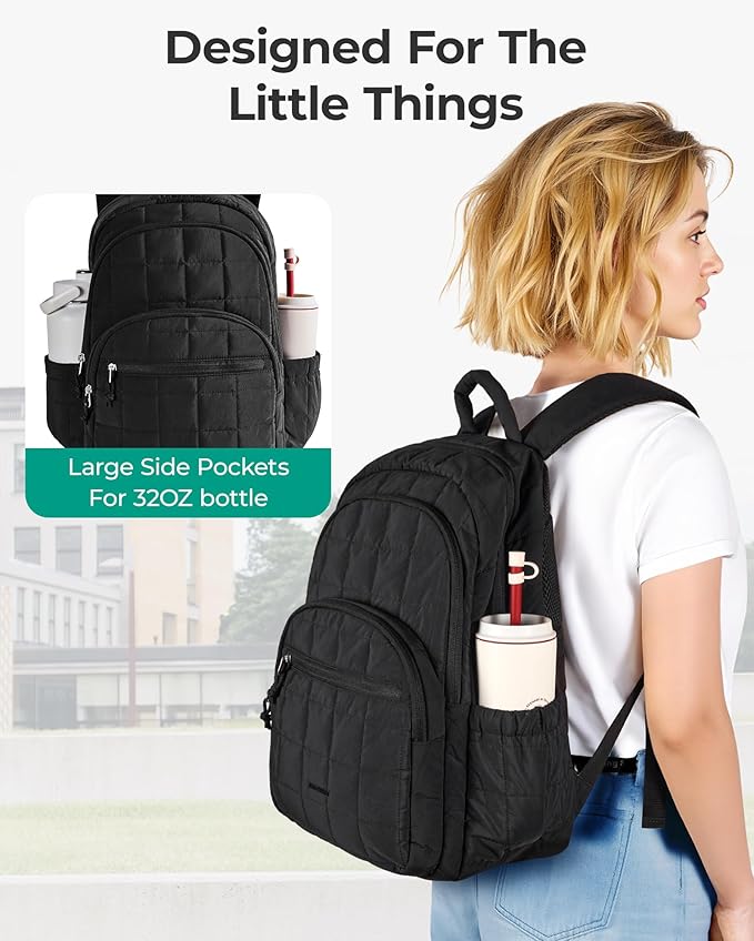 BAGSMART College Laptop Backpack, Travel Backpack for Women, Quilted Casual Daypack, Water-Resistant Bookbag for 15.6 Inch Laptop, Dim Gray