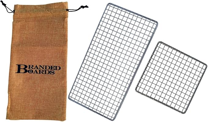 Portable Bushcraft Stainless BBQ Cooking Grill Grate, Bamboo Cutting Board, Burlap Bag, Mini Knife, Fire Starter Kits. Camping, Campfires, Backpacking, Hunting & Fishing Gear