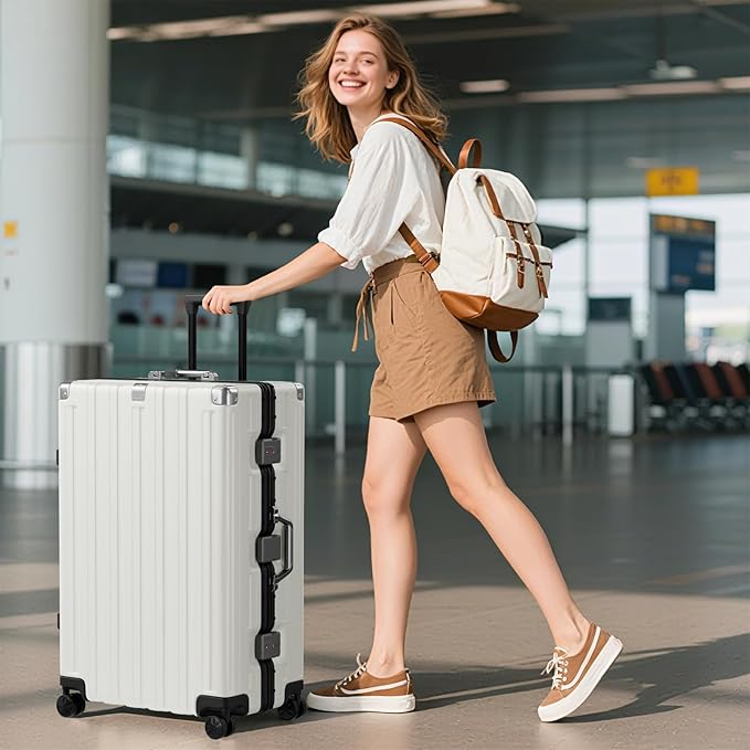 Krute Checked Aluminum Frame Suitcase 24 Inch Zipperless Luggages Hardside PC Luggage With Spinner Wheels TSA Lock USB Charger Suitcases(1 Piece)