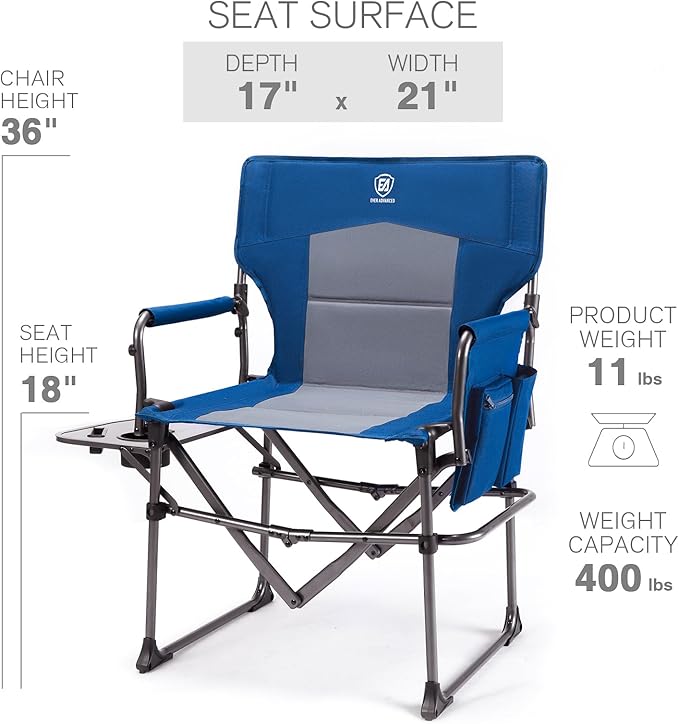 EVER ADVANCED Camping Directors' Chair with Side Table, Portable Folding Chair with Compact Size, Heavy Duty Lawn Chair with Pocket for Camping, Lawn, Sports and Fishing, 400lbs, Blue 2 Pack
