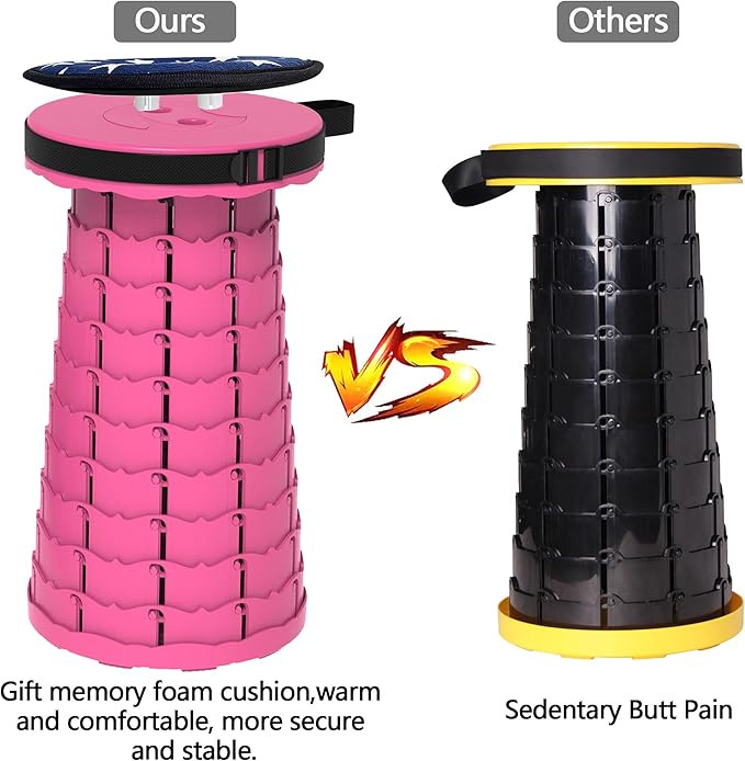 ALEVMOOM Portable Telescoping Collapsible Stool with Cushion & Bag, Retractable Folding Stool for Adults, Lightweight But Sturdy Capacity 440 lbs for Camping Fishing Hiking BBQ