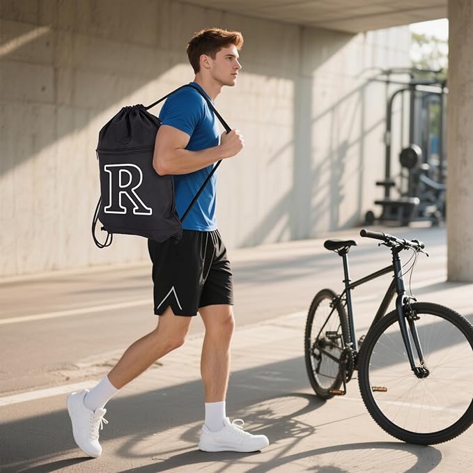 HOLYLUCK Drawstring Bags Initial Backpack Sackpack Cinch Bags for Sports, Gym, Travel, Beach (Black-R)