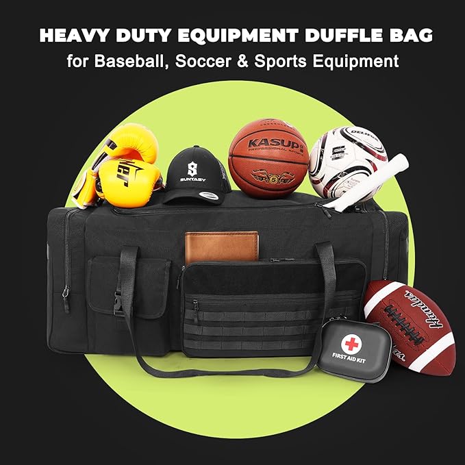 100L Sports Duffle Bag – 32" Large Gear Bag for Men & Youth, Baseball, Soccer & Track Equipment, Heavy Duty Travel Weekender & Flight Duffel with Large Side Pockets (Black)