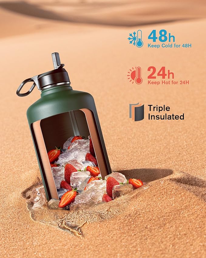 Coolflask 128 oz Gallon Water Bottle Insulated with Straw&3 Lids, Water Jug Large Stainless Steel Metal Vacuum Wide Mouth for Sports, Gym or Office, Non-BPA Keep Cold 48H Hot 24H, Dark Green