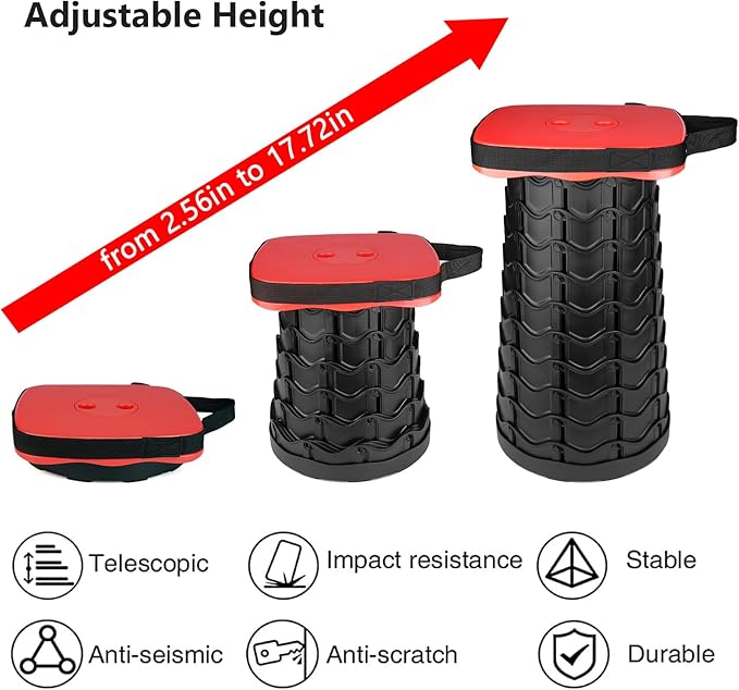 Upgraded Folding Stool Heavy Duty 550lbs Load Capacity Collapsible Portable Sturdy Telescopic Stool for Camping Travel Hiking (Red)