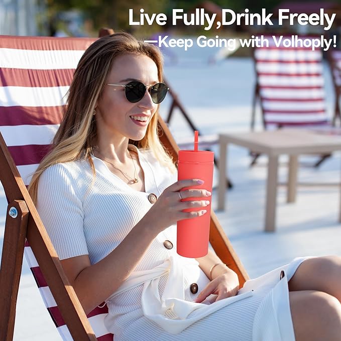 Volhoply 20oz Plastic Skinny Tumblers Bulk 4 Pack,Double Wall Tumbler with Lid and Straw,Reusable Travel Iced Coffee Mug,BPA Free Matte Acrylic Water Cups With Straw for Party,DIY Gifts(Red, 4 Set)