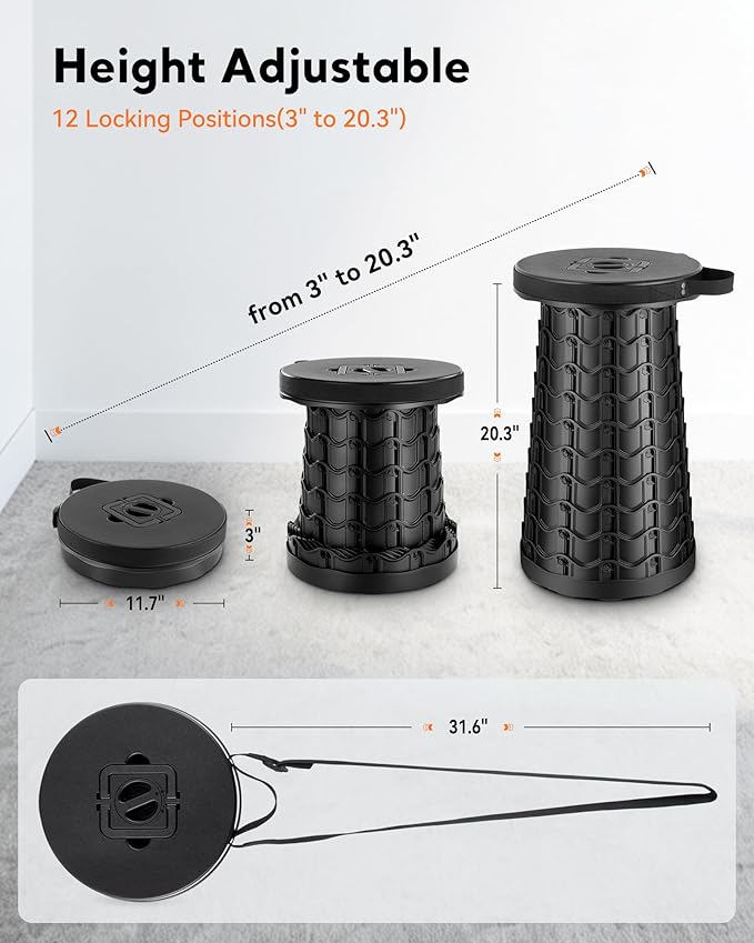 Collapsible Stool for Adults Adjustable Height - Portable Retractable Folding Camping Stool, Extra Tall and Wide Folding Chair, Heavy Duty Outdoor Essentials for Camping, Fishing, Waiting, Hunting
