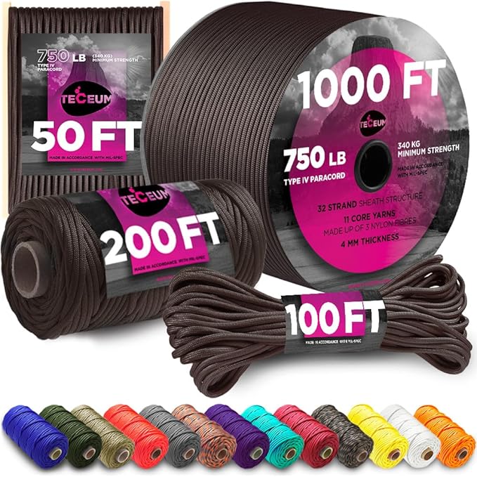 TECEUM 5/32" Paracord Rope 1000 – 1000ft / 200ft / 100ft / 50ft – Tactical Parachute Cord 4mm – 45+ Colors – Nylon String for Survival & Camping Gear – Stripe Cord for Survival – Utility Rope