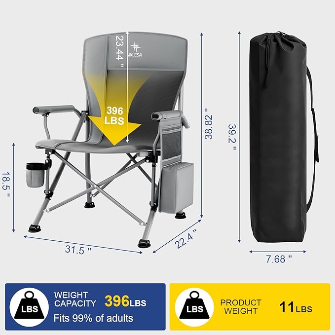 XL Heavy Duty Camping Chair 396lb Capacity (525lb Max) – Waterproof 1680D Oxford Fabric, 2" Padded Seat & Back, Cup Holder, Cooler Pocket, Portable for Camping, Beach & Tailgating (Slate/Black)