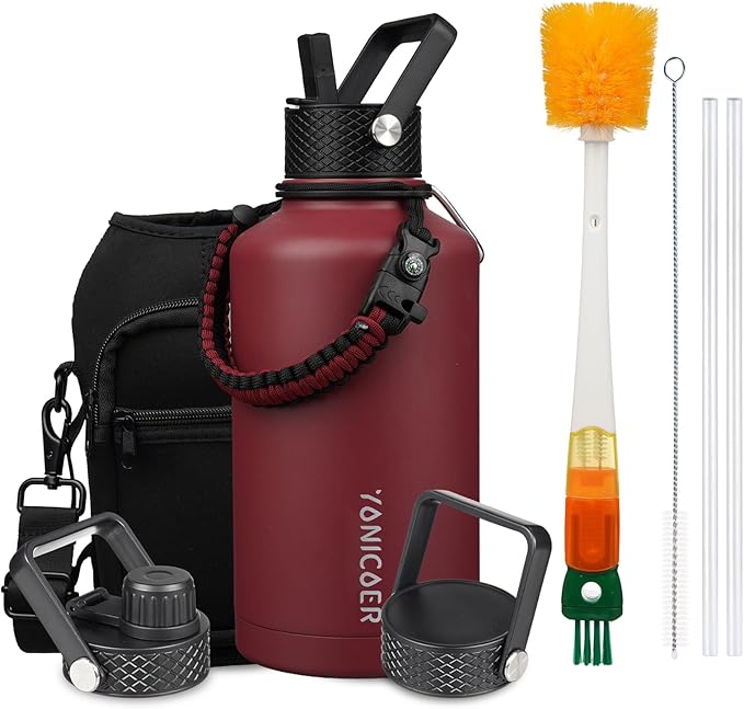 Insulated Water Bottle 64oz,Triple Wall Vacuum Stainless Steel(Dishwasher Safe),Leak Proof & Non-BPA,Flask Jug with Paracord Handle & Straw Spout Lids Sports Red