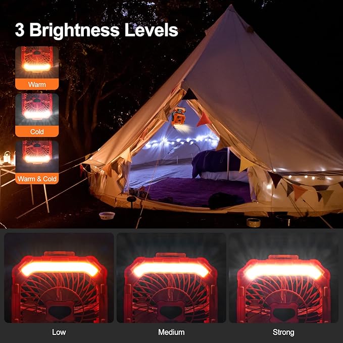 Odoland Portable Misting Fan with Light, 30000mAh Rechargeable Battery Camping Fan with 2 Spray Mister, Outdoors Tent Ventilador with Remote and Hook for Indoor Cooling Hiking Patio, Orange