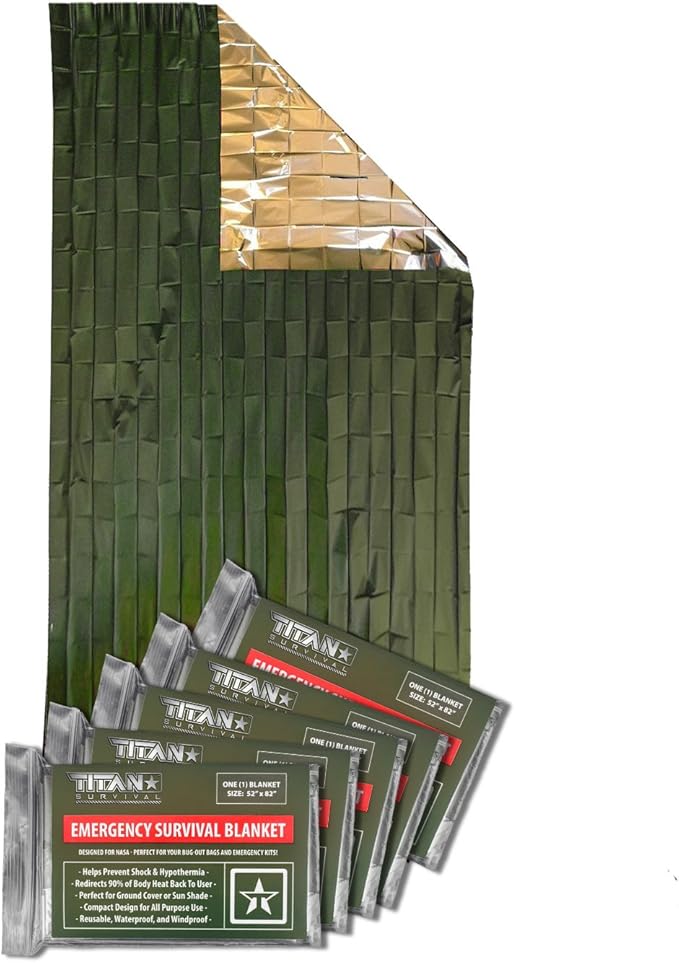 TITAN Survival - Mylar Survival Blankets 5 Pack - 90% Heat Retention & Waterproof Design - Emergency Blanket Cold Weather Protection & Survival Kits - Durable Space Blanket for Outdoor Use
