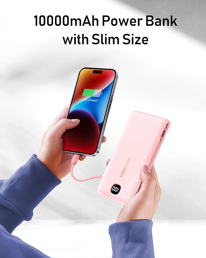 VEEKTOMX Portable Charger with Built in Cables 10000mAh, Power Bank for iPhone with Wall Plug, Travel Essential Fast Charging USB C Slim External Battery Pack for iPhone 17/16/15/14, Samsung, iPad,etc