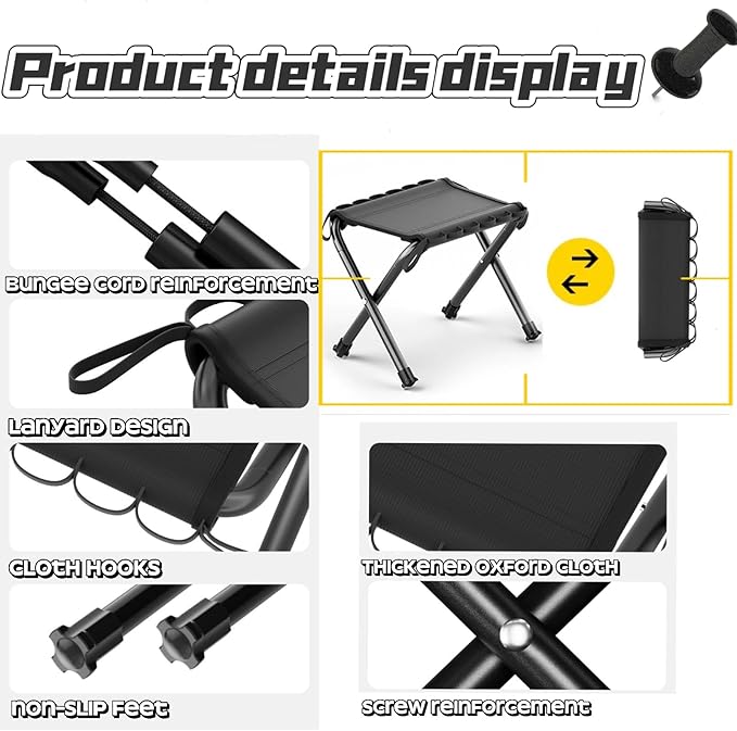 Generic 12inch Mini Portable Folding Stool, Camping Fishing Stool Suitable for Adult Fishing, Outdoor Hiking, Garden and Beach, Hold Up to 286 LBS with Carry Bag,(Black)