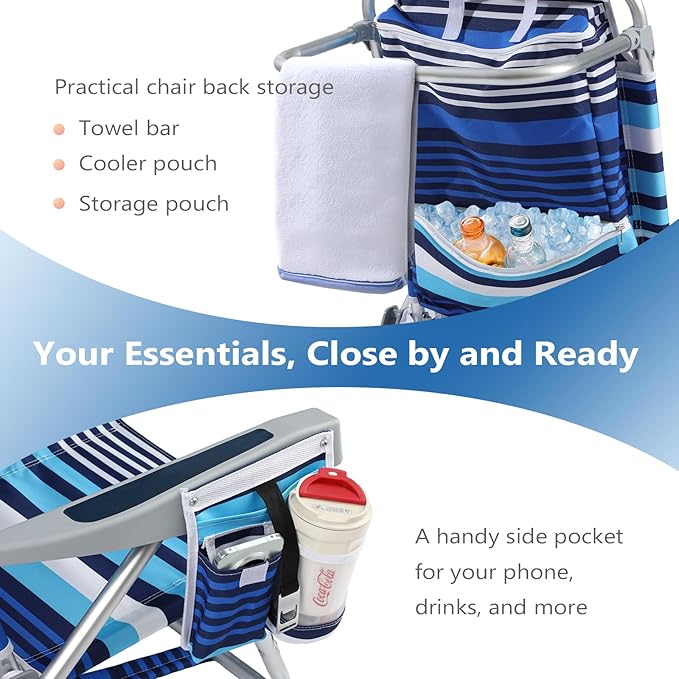 5-Position Aluminum Lay Flat Backpack Beach Chair, Compact Portable Low Beach Chairs for Adults with Cooler Pouch, Storage Pouch, Towel Bar, Cup Holder & Phone Holder, Blue Stripe