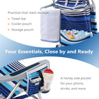 5-Position Aluminum Lay Flat Backpack Beach Chair, Compact Portable Low Beach Chairs for Adults with Cooler Pouch, Storage Pouch, Towel Bar, Cup Holder & Phone Holder, Blue Stripe
