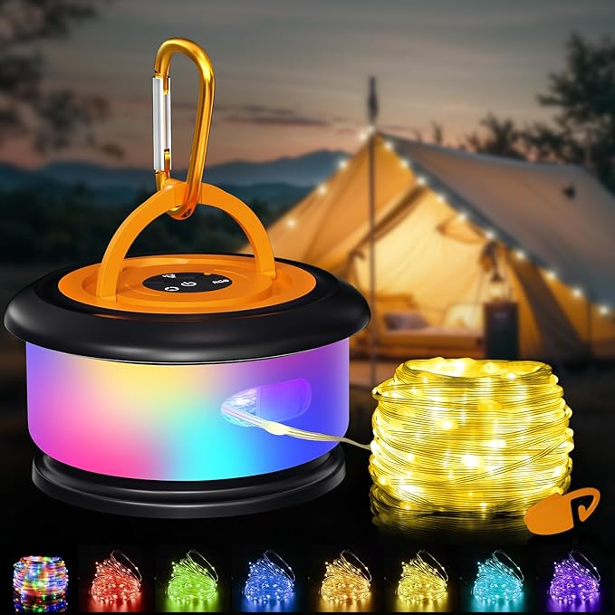 Camping String Lights, Retractable 32.8ft RGB Flash Lamp, Rechargeable LED Fairy Lights Outdoor Waterproof, Portable Hanging Lantern for Outside Tent Patio Awning Garden RV Essentials