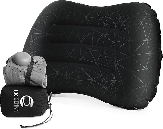Camping Pillow with Built-in Pump - Inflatable Pillows - Travel Pillows for Backpacking & Airplane, Lumbar Support Blow Up & Press to Inflate Pillow, Compressible, Comfortable Pillow(Black w/Pump)