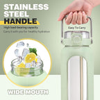 BLUEGO 64oz Water Bottle Glass with Stainless Steel Handle Large Water Bottle with Time Markers and Silicone Sleeve Half Gallon Water Jug BPA Free for Gym Daily Use, Light Green